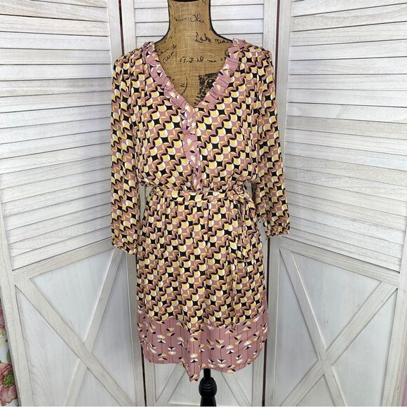DR2 Dress Geometric Print Ruffle Trim Mauve Yellow Small Blouson 3/4 Sleeve - Picture 1 of 12